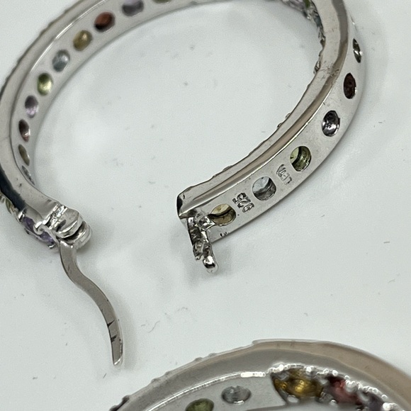 Vintage 925 Sterling Silver Multicolor Gemstone Hoop Earrings - Picture 8 of 16